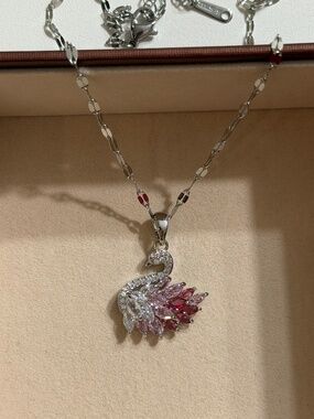Elegant Silvery Pink Gradient Swan Zirconia Stainless Steel Stamped Necklace